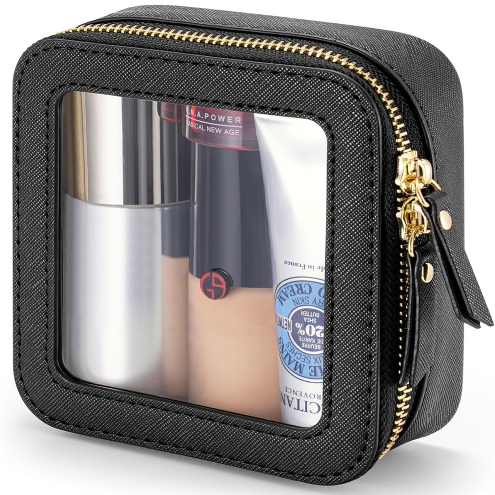 Mini Makeup Bag for Purse Clear Travel Leather Toiletry Bag with Zipper Black A9